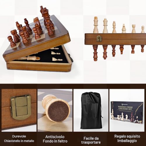 Wooden Chess Board, 2 in 1 Magnetic Chess Board, 39 x 39 cm, Professional Folding Portable Chess Board and Magnetic Checkerboard with Storage Bag, Checkers for Children and Adults Parties