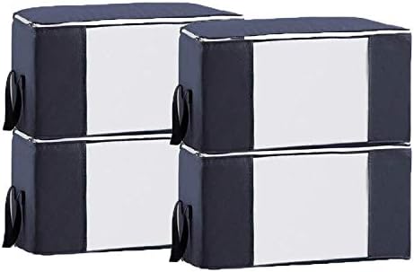 Cloth Storage Bags 4 Pack Foldable Large Capacity Organizer for Bedroom & Closet with Clear Window & Sturdy Handles, Container for Cloth & Blanket, Great for Storage and Moving, Dark Blue