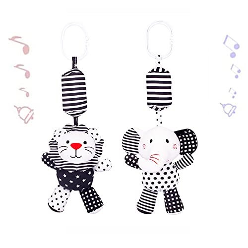 2Pcs Hanging Rattle Toys for Babies, Hanging Baby Toy, Car Seats Stroller Toys with Wind Chime for Newborn 0-36 Months, Clip Hanging Plush Squeeze Toys, Best Birthday Gift for Newborn