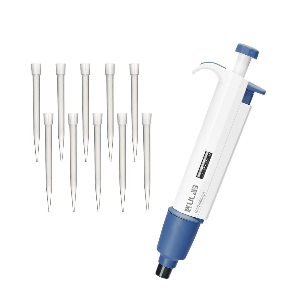 ULAB Single Channel Mechanical Pipettor with Pipette Tips Offered, 1pc of Adjustable Volume Micro Pipette with Vol.Range.1000-5000μl, 250pcs of Vol.5000μl Pipette Tips in Neutral Color, ULH1022