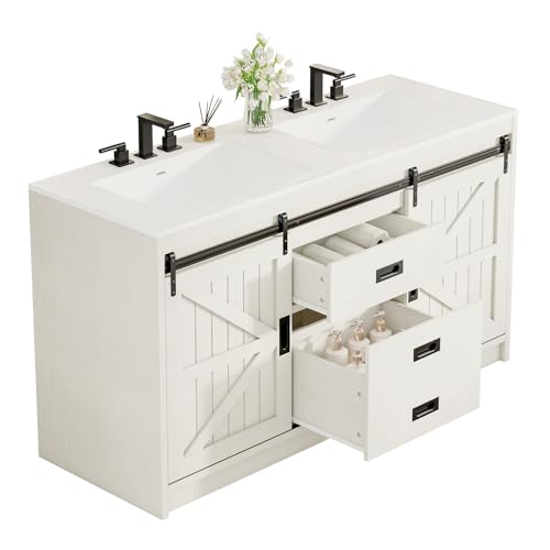 Jocisland Double Farmhouse Bathroom Vanity with Sink, 61in Sliding Barn Door Bathroom Storage Cabinet with Sliding Doors & Drawers, Dual Basin, Large Double Bath Vanity Sink Combo, White