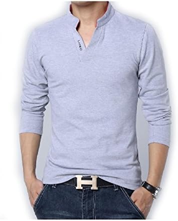 Herina, Men Tees Solid Color Long Sleeve Slim Fit T-Shirt. (XXL, Grey)
