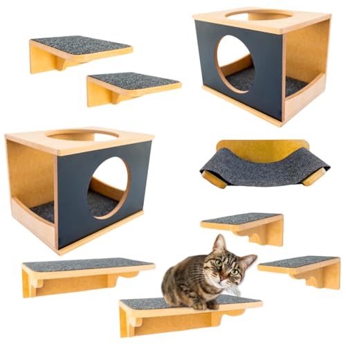 Playground Para Gatos 9Pçs Premium Resistente Já Montado Com Kit Fixação e Rede (PRETO) (Preto)