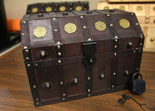 Well Pack Box Treasure Chest Pirate 13"x 9"x 9" Lock Skeleton Keys Doubloon Accents in Antique Cherry Stain (Large)