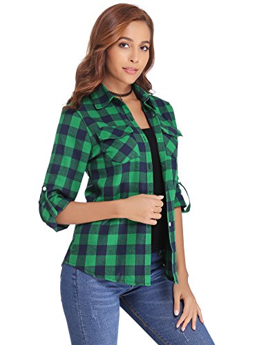 [- Abollria Womens Casual Long Sleeve Boyfriend Plaid Button Down Flannel Check Shirt Blouse Tops