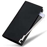 William POLO Men's Genuine Leather Bifold Long Purse Business Clutch Bag Mens Billfold Wallet ID Credit Card Holder Money Clip POLO111 Black