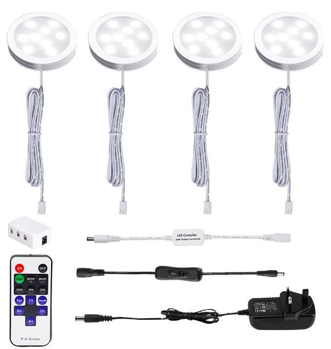 AIBOO LED Under Cabinet Kitchen Lights Plug in Wired 4 Pack with Remote,Daylight White Dimmable Under Cupboard Kitchen Lights Mains Powered,Under Counter Light Display for Closet Showcase Wardrobe