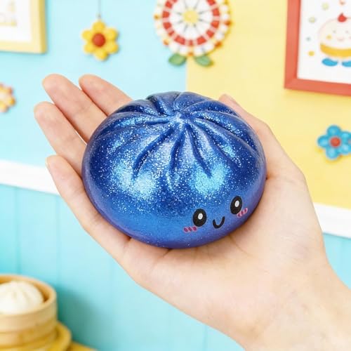 Glitter Dumpling,Blue Glitter Dumpling Squishies Box,Squeeze Dough Ball Stress Relief Hand Toys with Food Steamer Stretchy Desk Toys for Adults(Blue) (1)