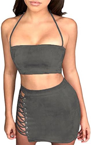 Antopmen Women Sexy Spaghetti Strap Crop Top Side Lace Up Skirt Outfit Two Piece Bodycon Bandage Dress