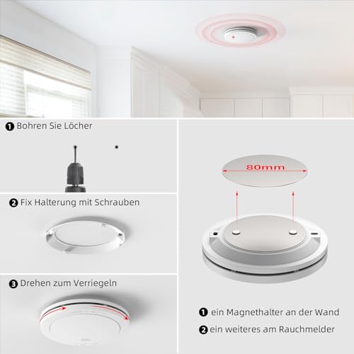 CPVAN Smoke Detector Networked 10 Year Battery with Magnetic Holder, EN14604 Tested Wireless Fire Alarm No Drilling European Standard 85 dB Smoke Alarm Set of 10