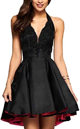 Yilis A line Satin with Lace Appliqued Halter Party Prom Dress Short Homecoming Dresses