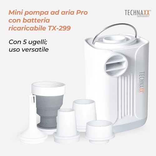 TX-299 Pro, la mini pompa ad aria a batteria - 3600 mAh, pompa ad aria elettrica ricaricabile con powerbank, luce LED, 5 ugelli, ricarica USB - pompa d'aria senza fili per oggetti gonfiabili