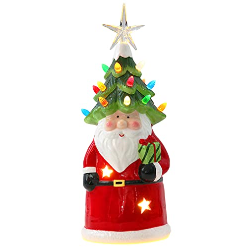 Orgrimmar Ceramic Santa Figurine with LED and 5 Point Star Tree Topper Tabletop Lantern Mini Vintage Lighted Ceramic Tree for Christmas