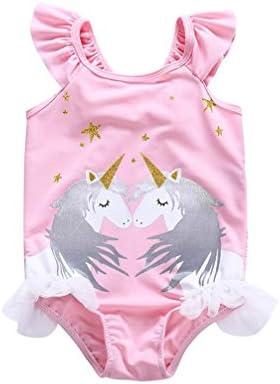 Girls Pink One Piece Beautiful Unicorn Ruffled Strap Swimwear (Pink, 6T)