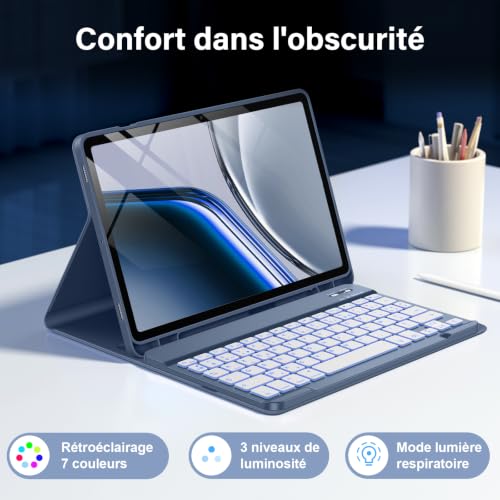 Vobafe AZERTY Keyboard Case for Samsung Galaxy Tab S10 Lite/S10 FE/S9 FE 10.9 Inch/Tab S9 11 Inch, 7 Colors Backlit Keyboard Case with Pen Holder & Quick Charge, AZERTY Blue-Grey | 7-Color Illuminated Keyboard with S Pen Support and USB-C Fast Charging, QWERTZ Layout Blue Grey