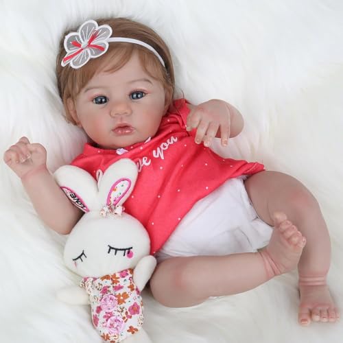 Bebê Reborn Boneca Menina Realista Silicone Olhos Azuis Macacão Vermelho 48cm Cabelo Implantado com Acessórios Original Presentes