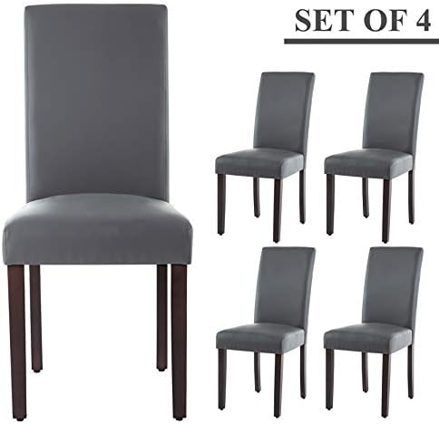 Upholstered Dining Chairs Padded Parson Chair with Golden Nails and Solid Wood Legs Set of 4 (PU Leather Gray)