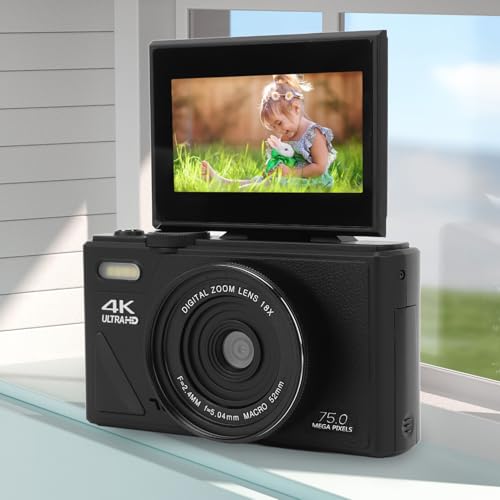 5K Digital Camera, 75MP HD 18X Zoom Autofocus Mirrorless Retro Camera with 3 Inch Screen and Smile Detection for Travel Photography
