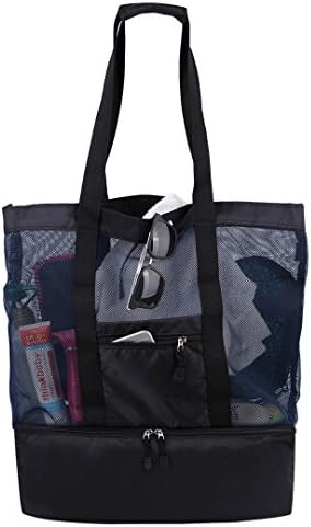 Mesh Beach Tote Bag Zippers Top Insulated Picnic Cooler Large Travel Bag