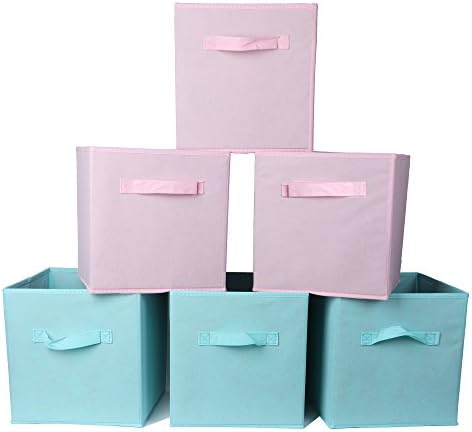 AzxecVcer Storage Bins Non-Woven Fabric Foldable Organizer Basket Polyester Canvas Storage Box for Kids Toys,Clothes,Shelves,6 Pack (3 Pink +3 Sky Blue)