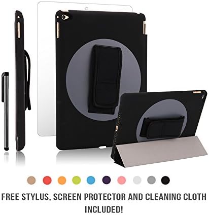 New iPad Air 2 Case 360 Degree Handheld Rotating Case Adjustable Strap by JACKIT Back Cover and Front Smart Wake/Sleep Magnetic Cover FREE Stylus Screen Protector Cloth for Apple iPad Air 2 [Black]