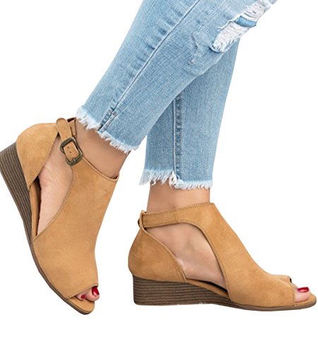 PiePieBuy Women's Cut Out Espadrille Platform Wedge Sandals Ankle Strap Peep Toe Suede Shoes - Thumbnail 2