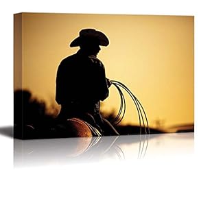 Cowboy with Lasso Silhouette at Small Town at...