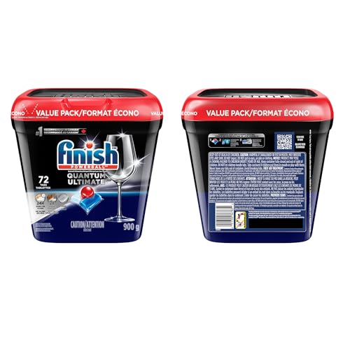 Finish Quantum Ultimate Dishwasher Detergent Pods, 3-Chamber Formula with Powerball, 2X Grease Fighting*, 24H Dried-On Stains, Deep Clean, Virtually Spotless Shine, No Pre-Rinse, 72 Tabs