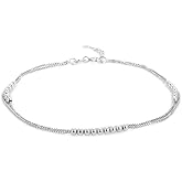 Vanbelle Sterling Silver Jewelry - Rhodium Plated 925 Stamp - Double Layered Beaded Anklet - Foot Jewelry Stylish Beautifully Designed - 9" Long + 1" Extender