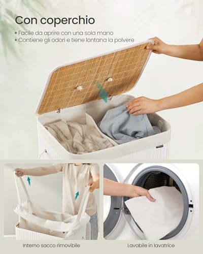 Cesta Portabiancheria con Coperchio, 2 Scomparti, 120 L, Cesto Porta Biancheria in Bambù Pieghevole, Sacco Rimovibile e Lavabile in Lavatrice, Maniglie, Lavanderia Camera, Bianco LCB014W01