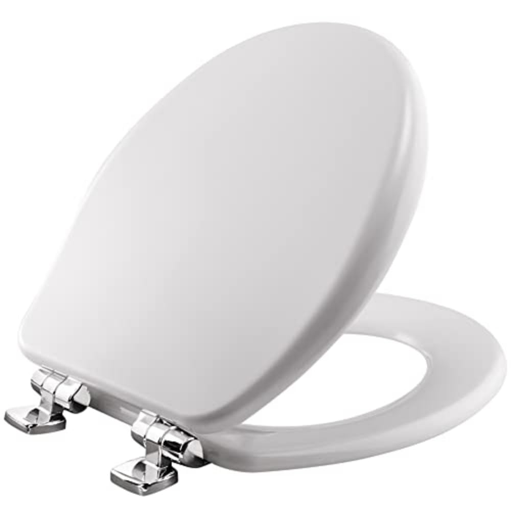 Photo 1 of Bemis Alesio Slow Close Toilet Seat, Sleek Chrome Hinges and Adjustable Perfect Fit Wood Seat, Made in USA, Round, White
