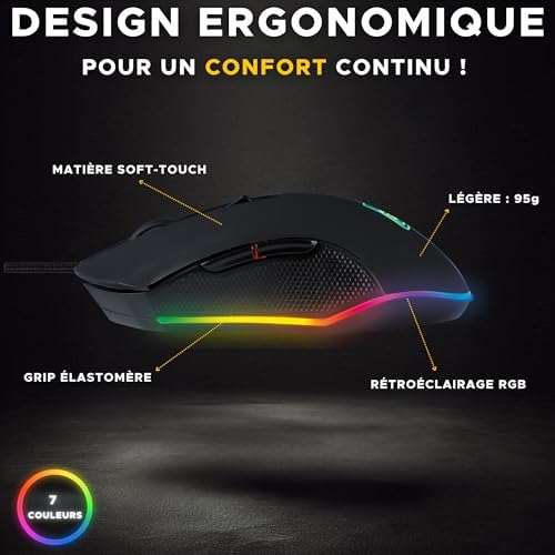 - Kult Helium Souris Gamer Filaire USB - Capteur Optique 800 à 6400 DPI, Rétroéclairage LED 7 Couleurs, 6 Boutons - Souris Gaming Confortable et Légère - Compatible PC PS4 Xbox One PS5