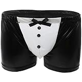 YiZYiF Men's Black Leather Look Tuxedo Boxer Brief Bikini Thongs With Bow Tie X-Large