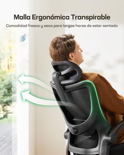Silla Oficina Ergonómica, Silla Escritorio Ergonómica con Reposacabezas 2D Ajustable, Soporte Lumbar 2D, Reposabrazos Plegables 3D, Ajuste de Altura, Silla Oficina Giratoria hasta 136 kg