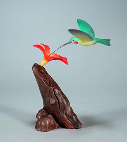 Hummingbird Sculpture by John Perry with Red Flower Statue Airbrushed 5in Wing Span