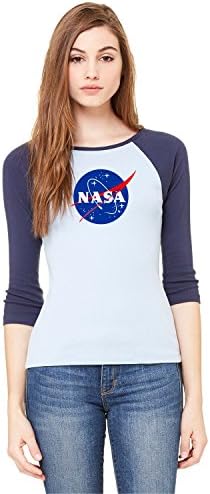 NASA Meatball Logo Ladies Baby Rib 3/4-Sleeve Contrast Raglan T-Shirt Space Shuttle Rocket Science Geek Women Tee (Medium, Baby Blue/Navy)