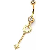Pierced Owl 14GA Gold Tone 316L Stainless Steel Sun with Chain and Opalite Star Dangling Belly Button Ring