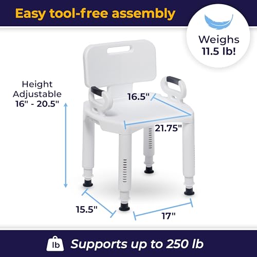 Drive Medical RTL12505 Handicap Bathroom Bench with Back and Arms, White