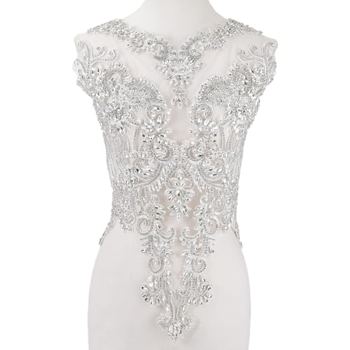 CABODYALS Flower Embroidered Rhinestone Patches Sew on Floral Pattern Crystal Diamond Stone Bead Sparkle Neckline Patch Decorative Lace Applique for Sewing Making Clothes Wedding Dress Gowns Diy Craft