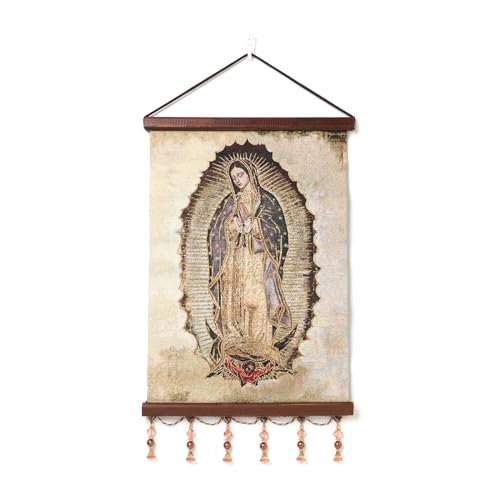 HZMAN Virgin Mary Painting Retro Handmade Weave Wall Art Decor Holy Our Lady Guadalupe Aesthetic Picture for Living Room Bedroom Wood Framed 17x12 inch
