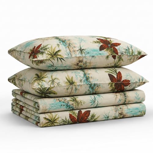 Tribeca Living King Bed Sheet Set, 300 Thread Count Soft Cotton Sateen, Floral Print with Extra Deep Pockets, 4-Piece Bedding Set, Paradise Island Multi