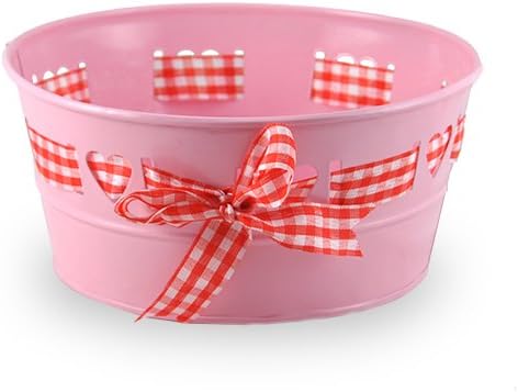 The Lucky Clover Trading Round Heart Design with Ribbon Basket, Small Container, Pink, Red