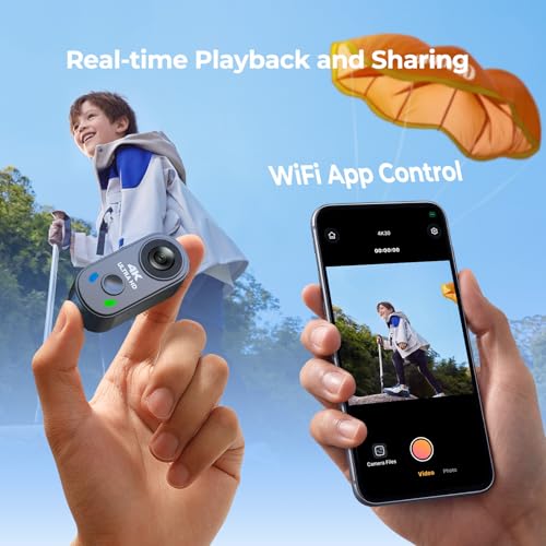 Action Camera 4K, Mini Body Camera with 64GB SD Card, Portable POV Camera for Vlogging, 150° Wide Angle WiFi Thumb Cameras with EIS Stabilization, Charging Case
