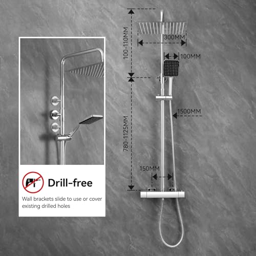 Auralum Chrome Thermostatic Shower Column with Mixer, Complete Set Rainshower 30 cm Stainless Steel, Adjustable Rod 88-124 cm and Hand Shower with 6 Modes of Use, Complete Shower Head