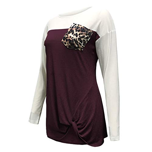 Women's Leopard/Sequin Pocket Autumn Tops Long Sleeves O Neck T Shirt Casual Basic Tees Wine
