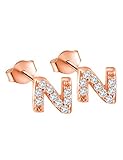 14K Rose Gold Plated Sterling Silver CZ Initial Letter Stud Earrings