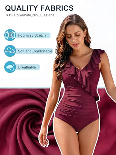 Woflebel Women's Plus Size Reducing Shaper Swimsuit, Tummy Control with Ruffles, Cross V Neck, Swimming Pool Beach Swimsuit, Size S-XXL