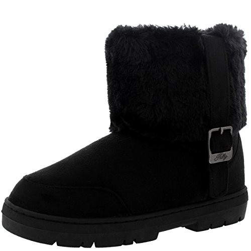 Womens Cuffed Fur Lined Side Buckle Ankle Pull On Flat Winter Shoe Boots - 8 - BLA39 EA0409, Black