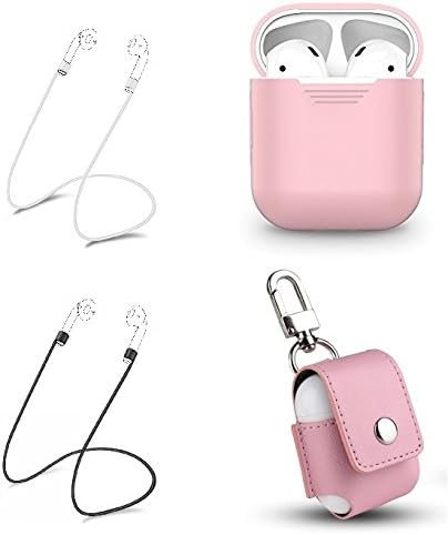 Tiehnom Airpods Accessories Protective Bundle, Airpods Silicone Case, Airpods PU Leather Keychain Case, 2 Airpod Anti-Lost Straps For Apple Airpods (Pink)