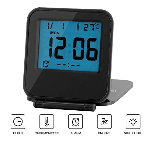 Huasen Mini Small Digital Travel Alarm Clocks Battery Operated with Light Folding,Portable,Pocket Size,Temperature,Black - Thumbnail 7